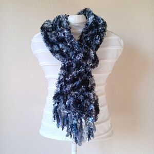 Croft & Barrow Black White Silver Chenille Scarf with Fringe, 75" Long